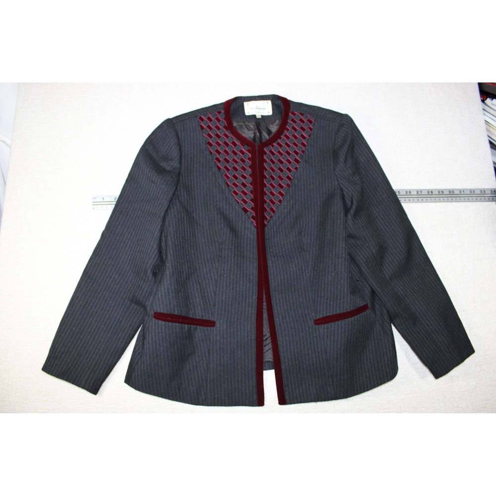 St. Antonio Vintage Gray Herringbone Blazer Red Velvet Trim Lattice Sz 13 WC0072